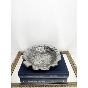 Vintage Carved Pewter Metal Round Cabbage Leaf Serving Dish Decorative MCM